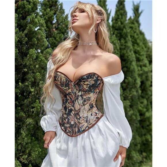 Brown Floral Print Denim Corset Bustier Top Sweetheart Strapless Waist‎ Trainer - Picture 1 of 5